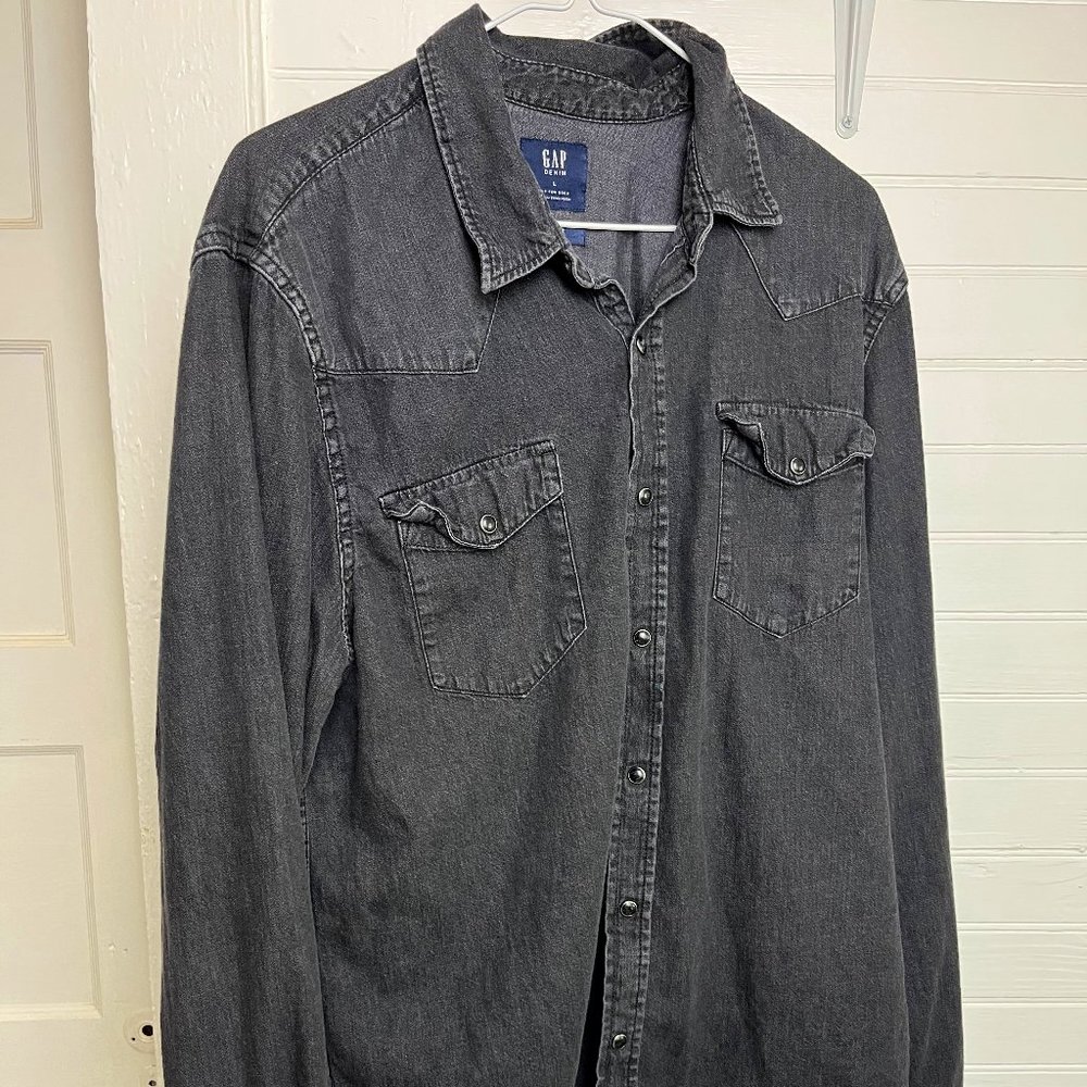 Gap Men's Western Style Denim Snap Long Sleeve Large Slim Fit in Black